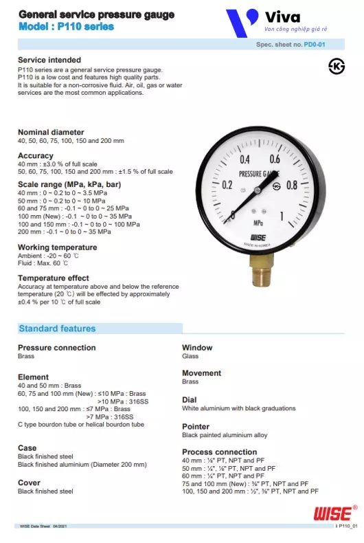 Catalog đồng hồ đo áp suất Wise P110