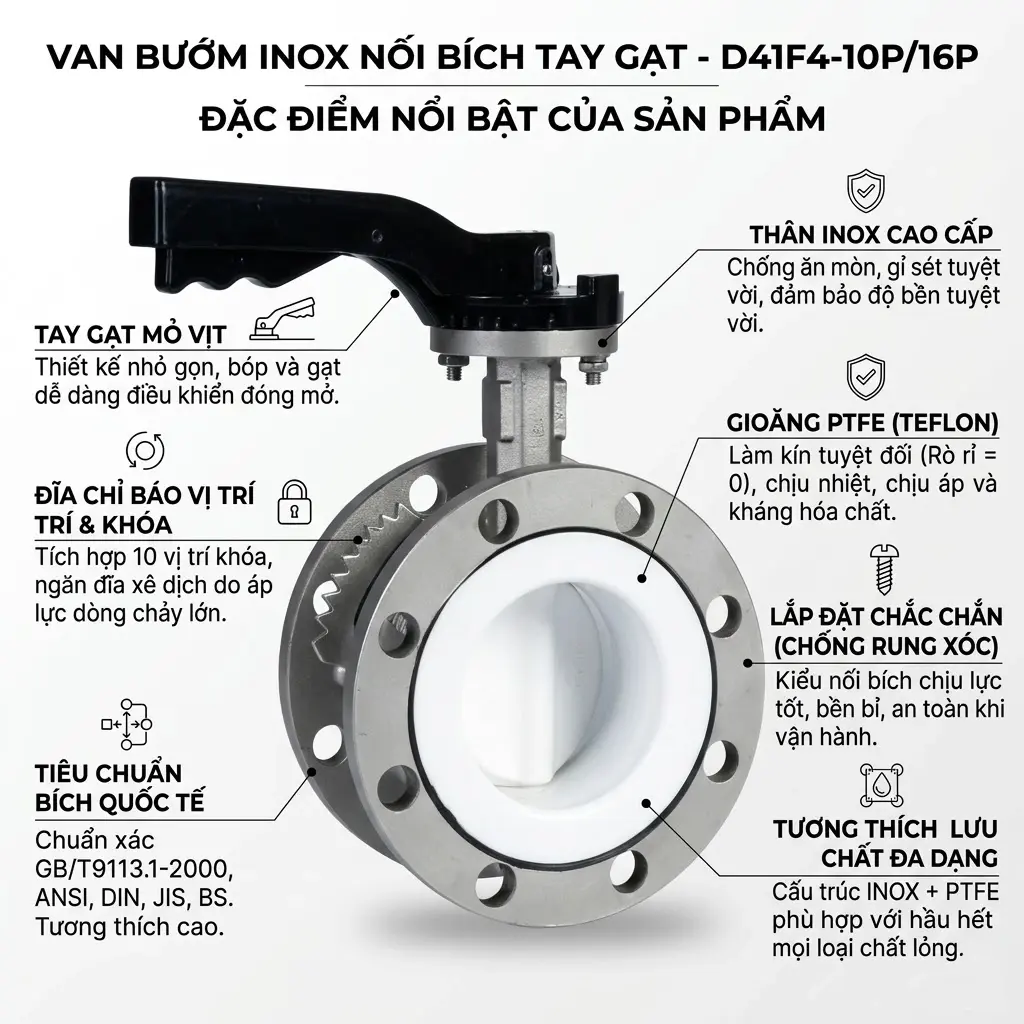 Đặc điểm nổi bật của sản phẩm van bướm inox nối bích tay gạt D41F4-10P/16P