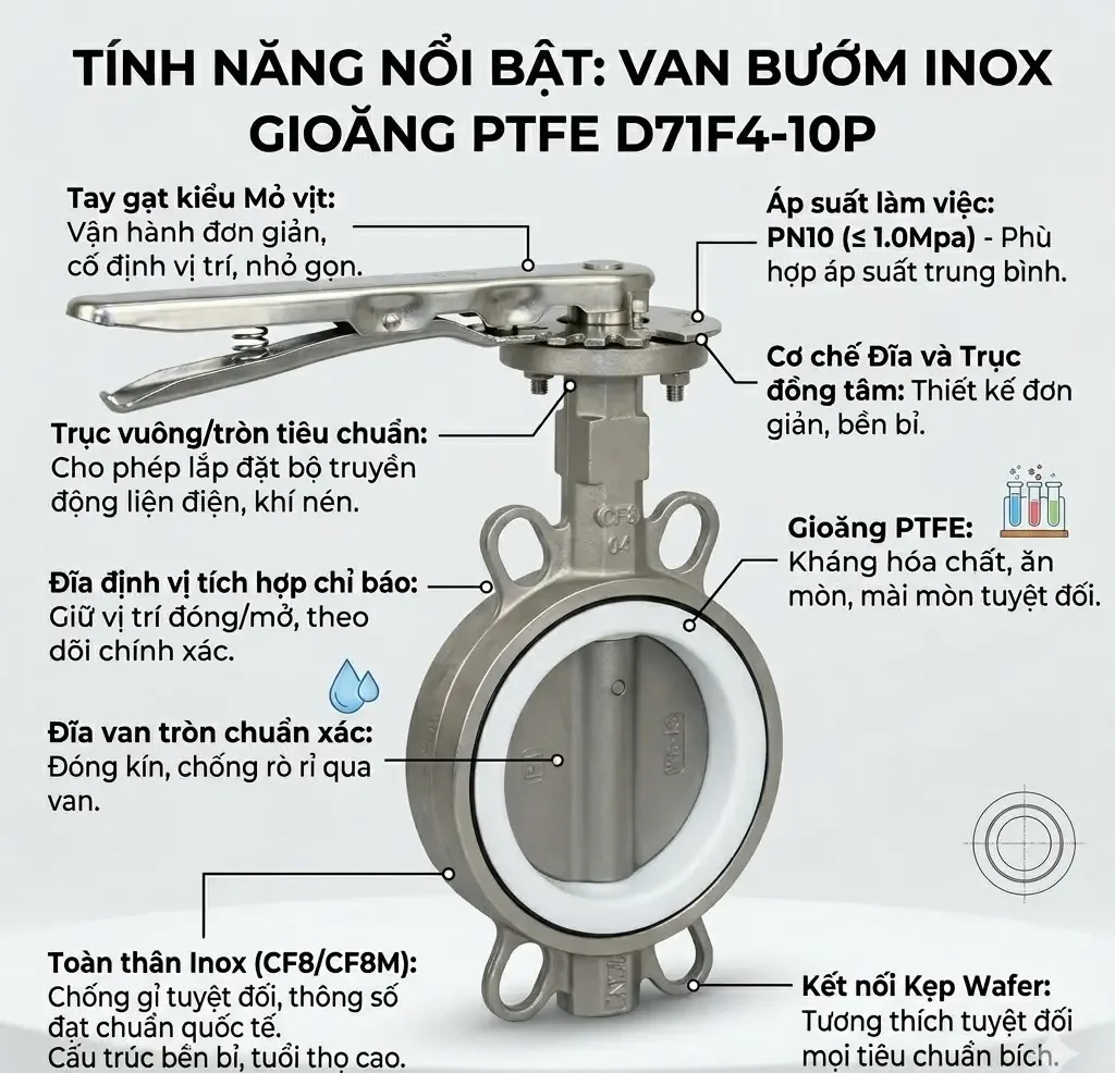 Đặc điểm nổi bật sản phẩm van bướm inox gioăng PTFE D71F4-10P
