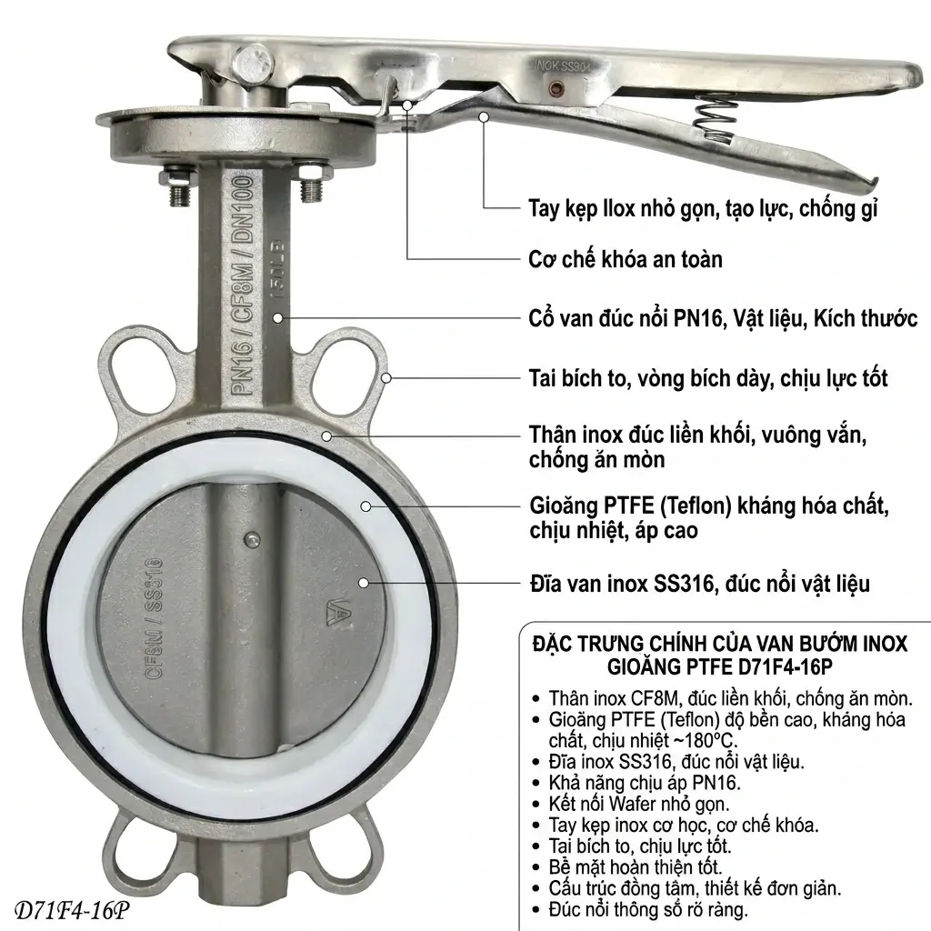 Đặc trưng van bướm inox gioăng PTFE D71F4-16P