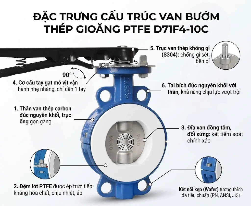 Đặc trưng về cấu trúc van bướm thép gioăng PTFE D71F4-10C