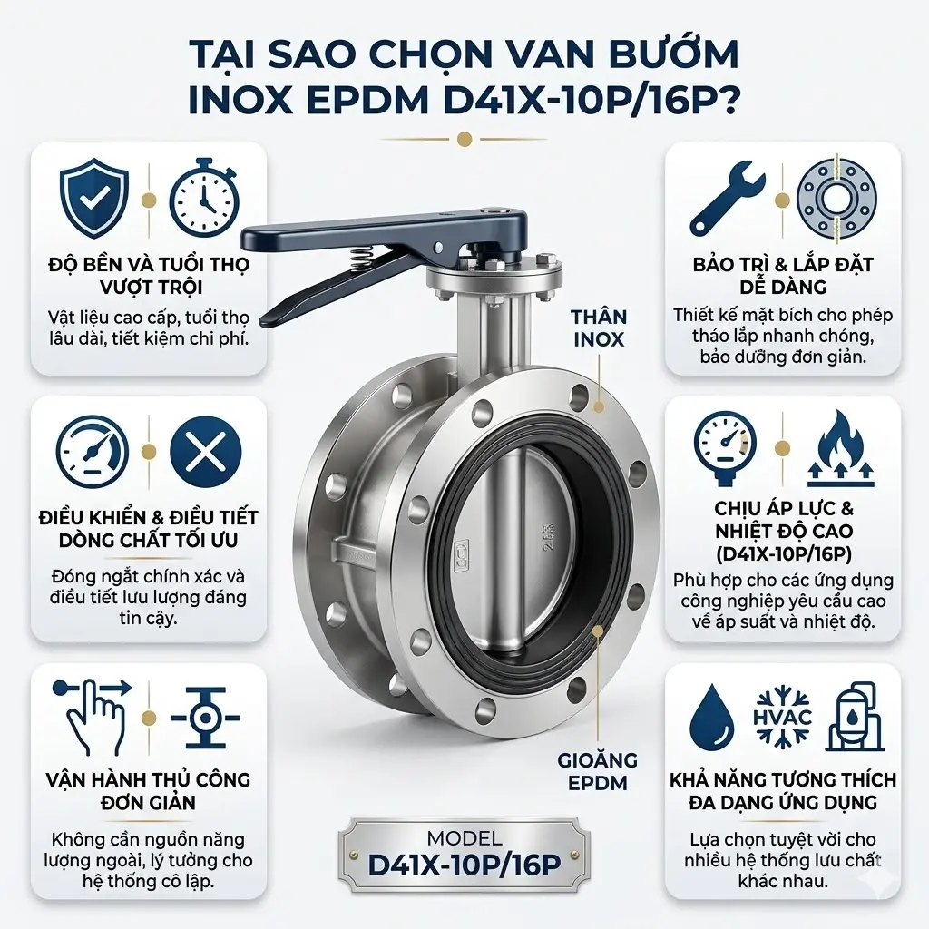 Vì sao nên chọn van bướm inox nối bích gioăng EPDM D41X-10P/16P