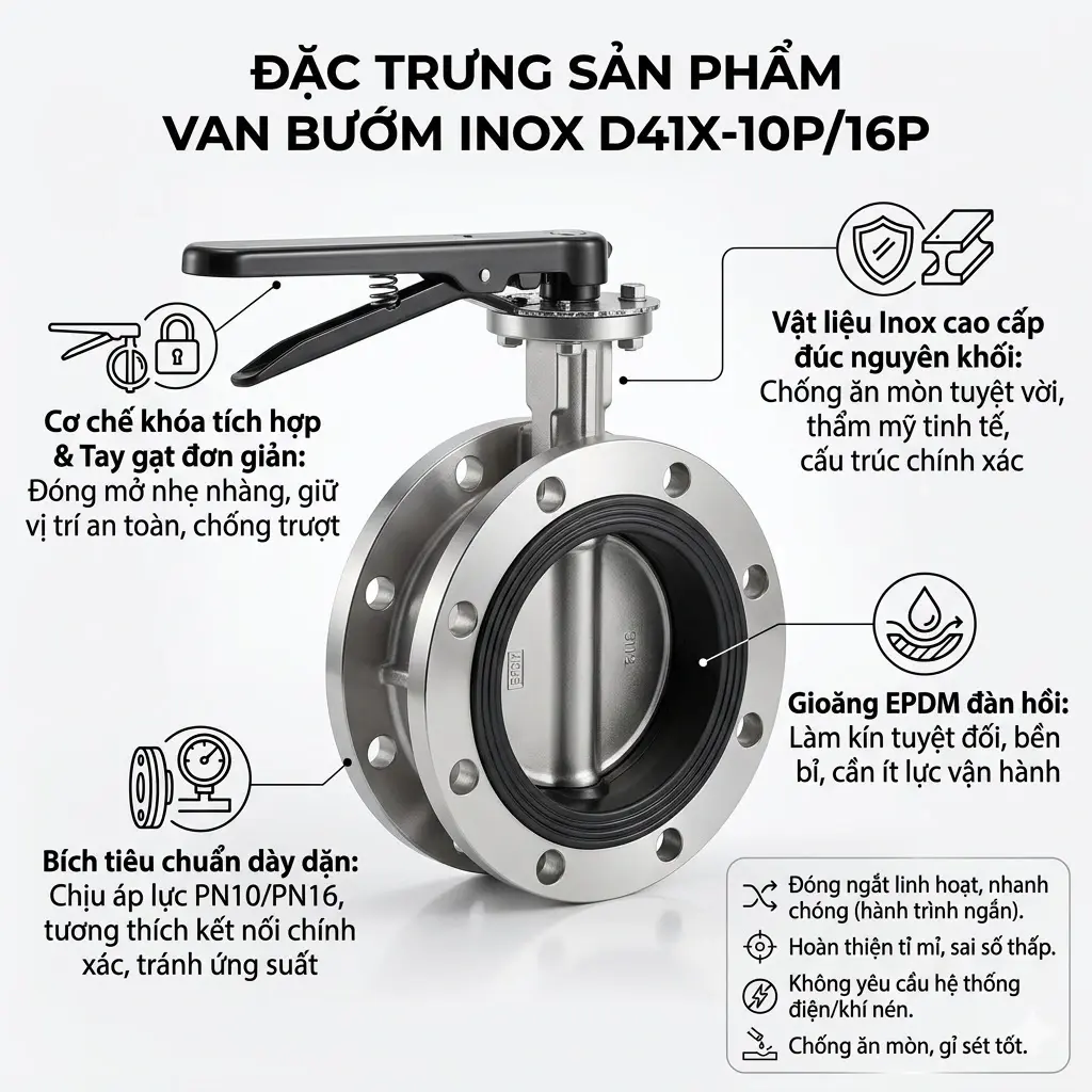 Hình ảnh van bướm inox nối bích tay gạt gioăng EPDM D41X-10P-16P Đặc trưng sản phẩm van bướm inox D41X-10P/16P
