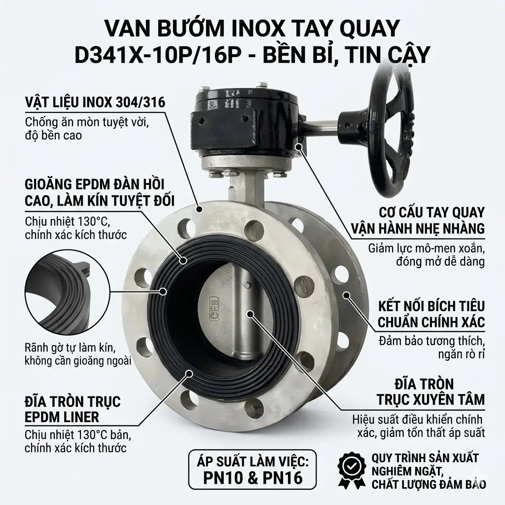 Hình ảnh van bướm inox tay quay gioăng EPDM D341X-10P/16P Đặc trưng sản phẩm van bướm inox tay quay D341X-10P/16P