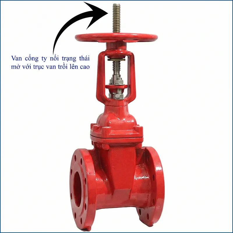 Van cổng ty nổi trạng thái mở với trục van trồi lên cao