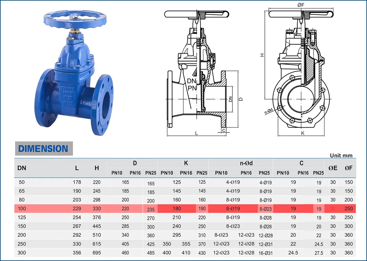 Bản vẽ kích thước van cổng ty chìm DN100 tiêu chuẩn BS 5163