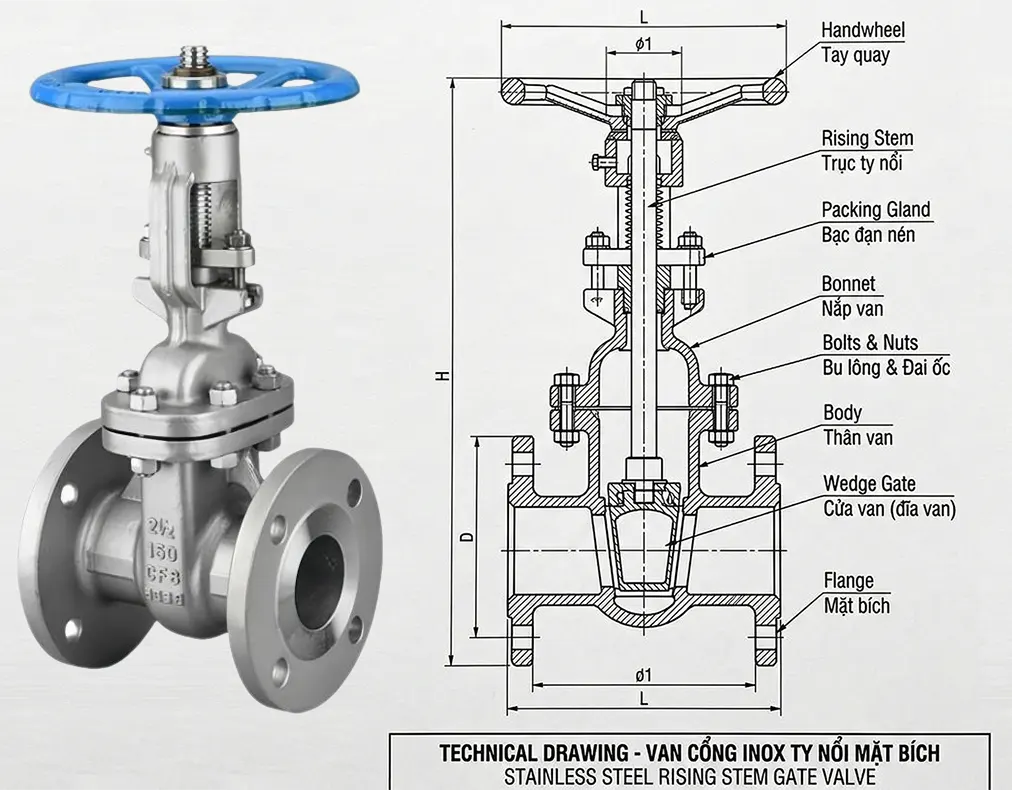 Cấu tạo chi tiết van cổng Inox ty nổi mặt bích tiêu chuẩn JIS 10K