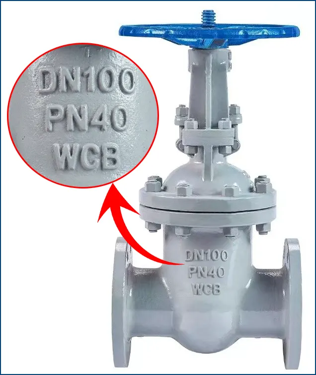 Ký hiệu WCB và PN40 đúc nổi trên thân van cổng thép chịu nhiệt.