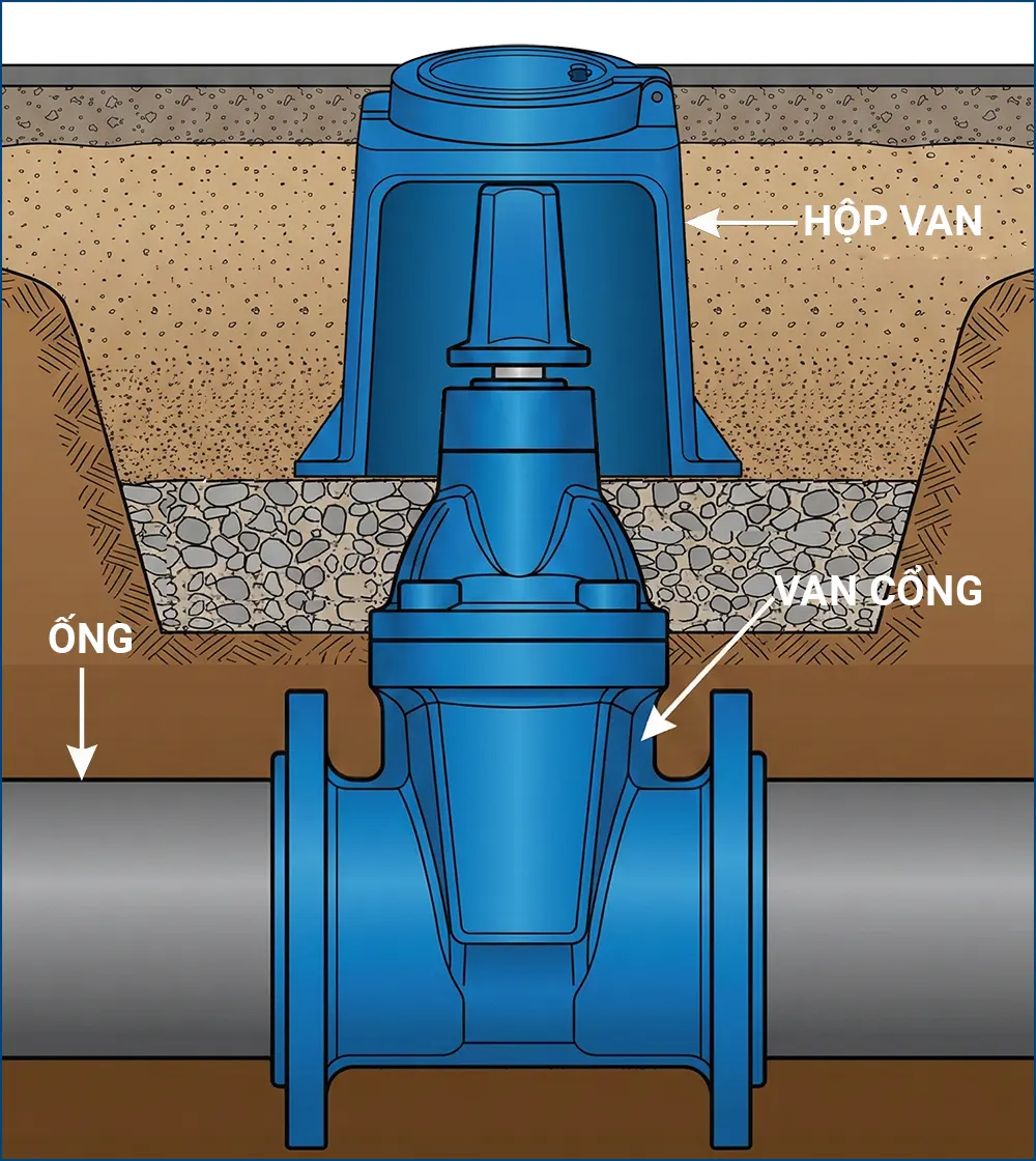 Sơ đồ lắp đặt van cổng nắp chụp và ty nối dài