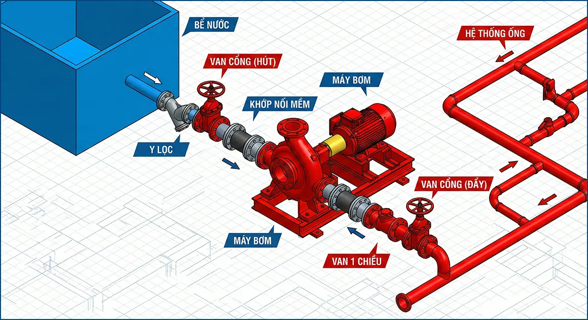 Sơ đồ lắp đặt van cổng trong phòng bơm PCCC