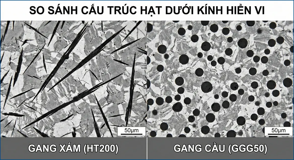 So sánh cấu trúc vật liệu gang xám HT200 và gang cầu GGG50