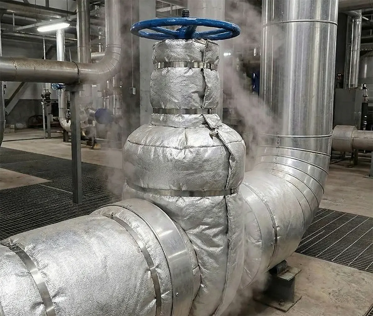 Van cổng thép đúc lắp đặt trên đường ống hơi nóng bọc bảo ôn